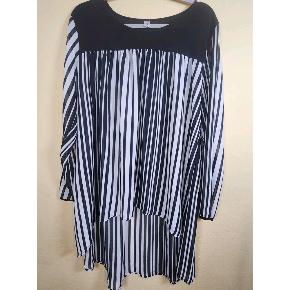 Hao Wu Black White Striped High Low Chiffon Tunic Top‎ Plus Size 2XL Long Sleeve